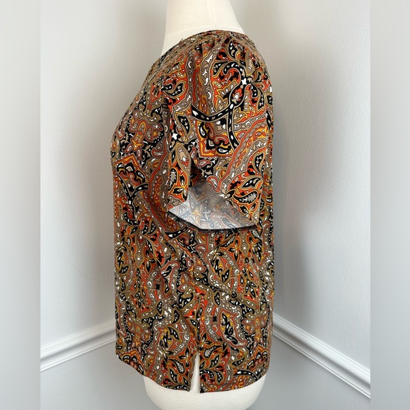 MICHAEL KORS Black, Beige & Orange Printed Gold Chain Petal Sleeve Top | Size XL - Picture 6 of 16